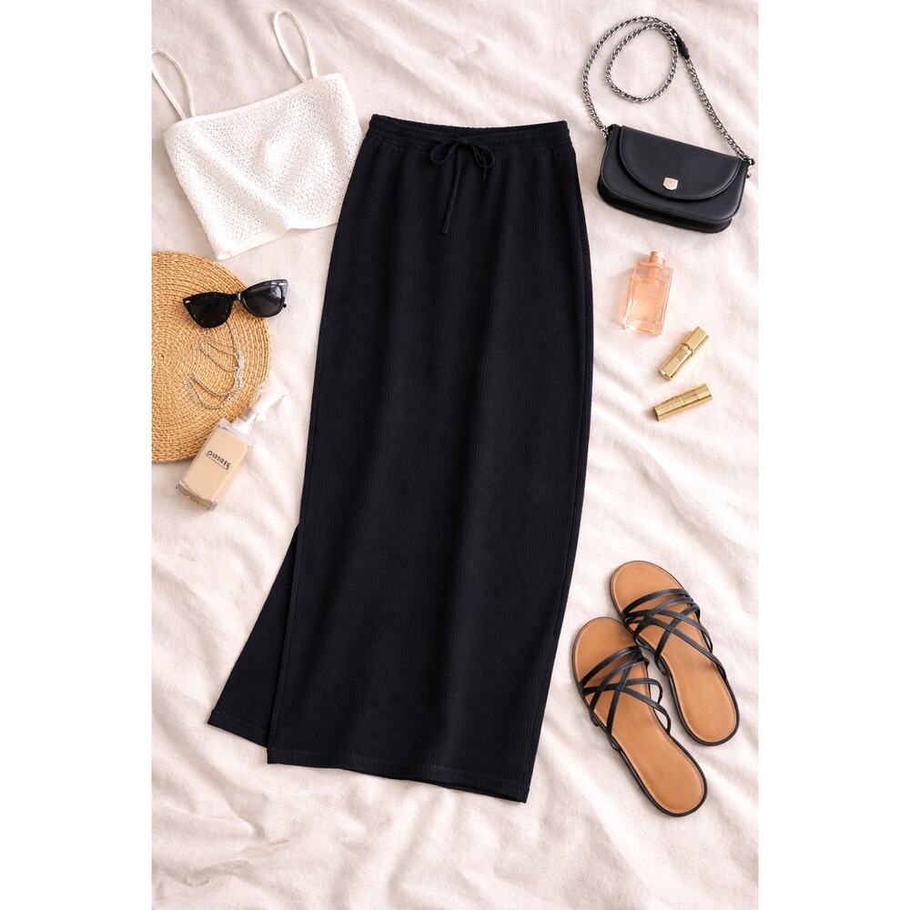 NWT VINTAGE LT Sport Silk Cashmere Knit Midi Skirt Black Quiet Luxury Size PS